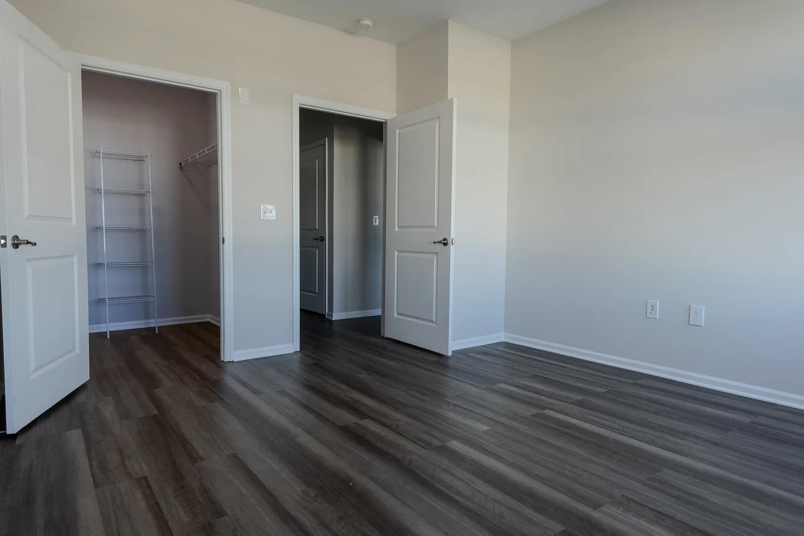 Bedroom with gray plank floors, an open walk-in closet with wire shelving, and white paneled doors.