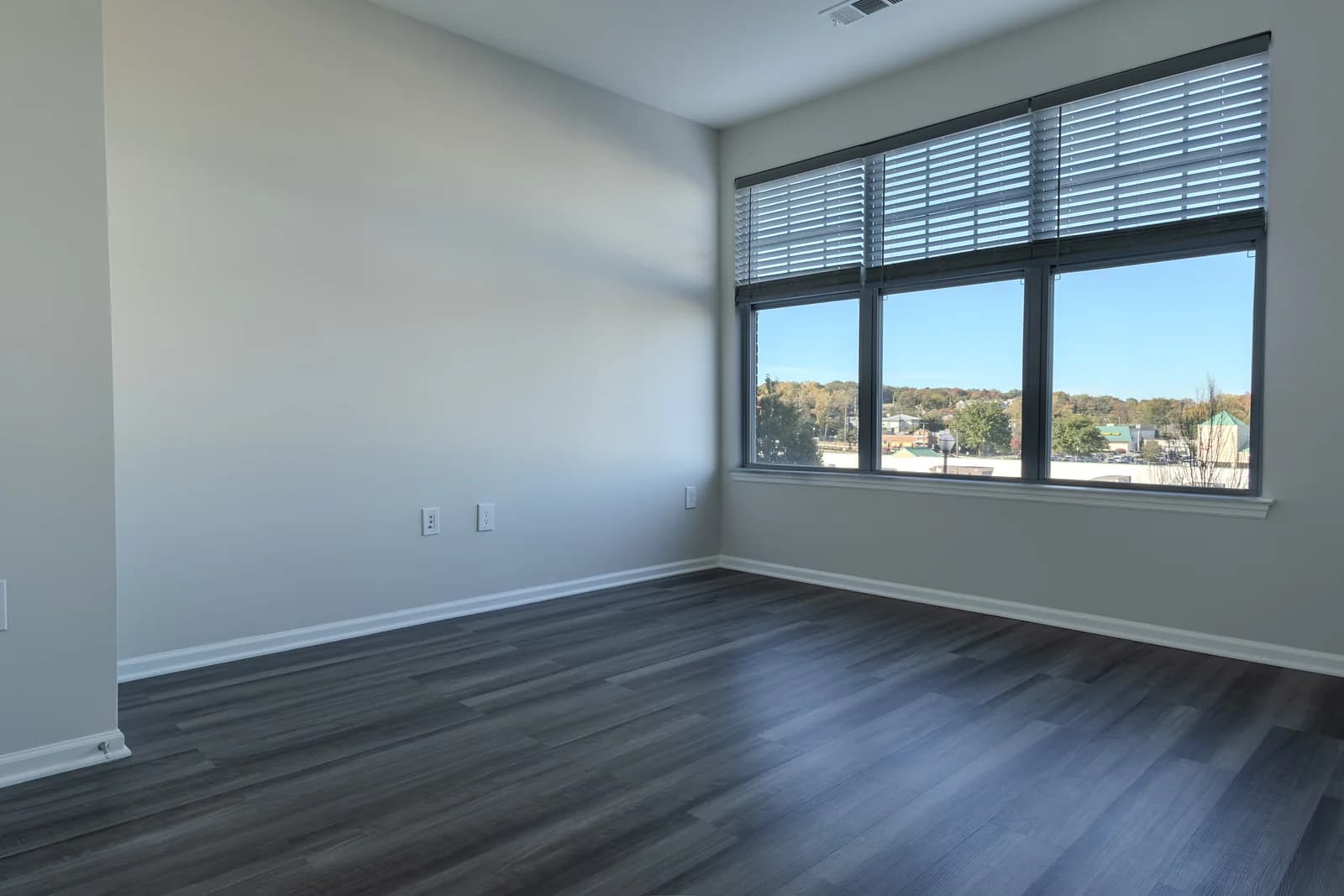 Bright bedroom with gray plank floors and large windows with blinds overlooking trees and a blue sky.