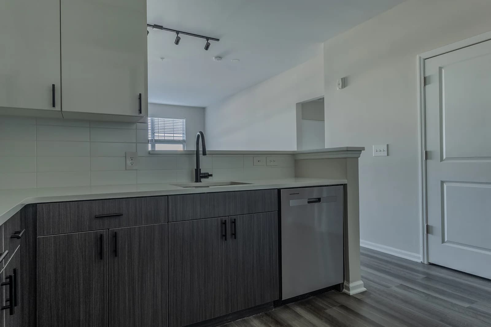 Kitchen peninsula with dark cabinets, a matte black faucet, and a stainless dishwasher, opening to the living area.